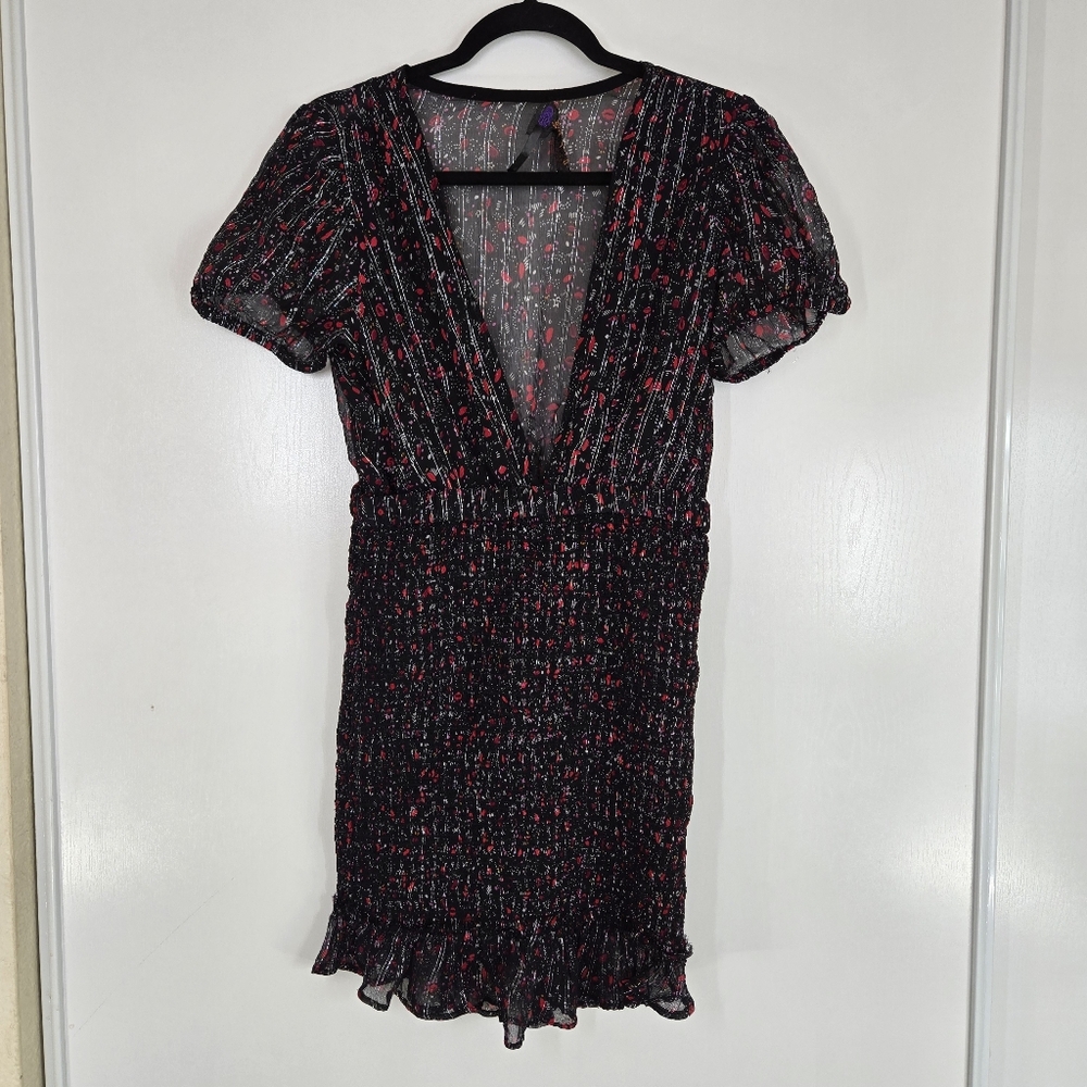 Free‎ People Baby Love Smocked Bodycon Mini Dress in Black Combo Ruched Small